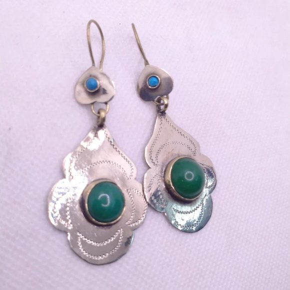 Turkman Style Tribal Dangling Earrings, Stones Antique Earrings, Kuchi Boho - Picture 2 of 5